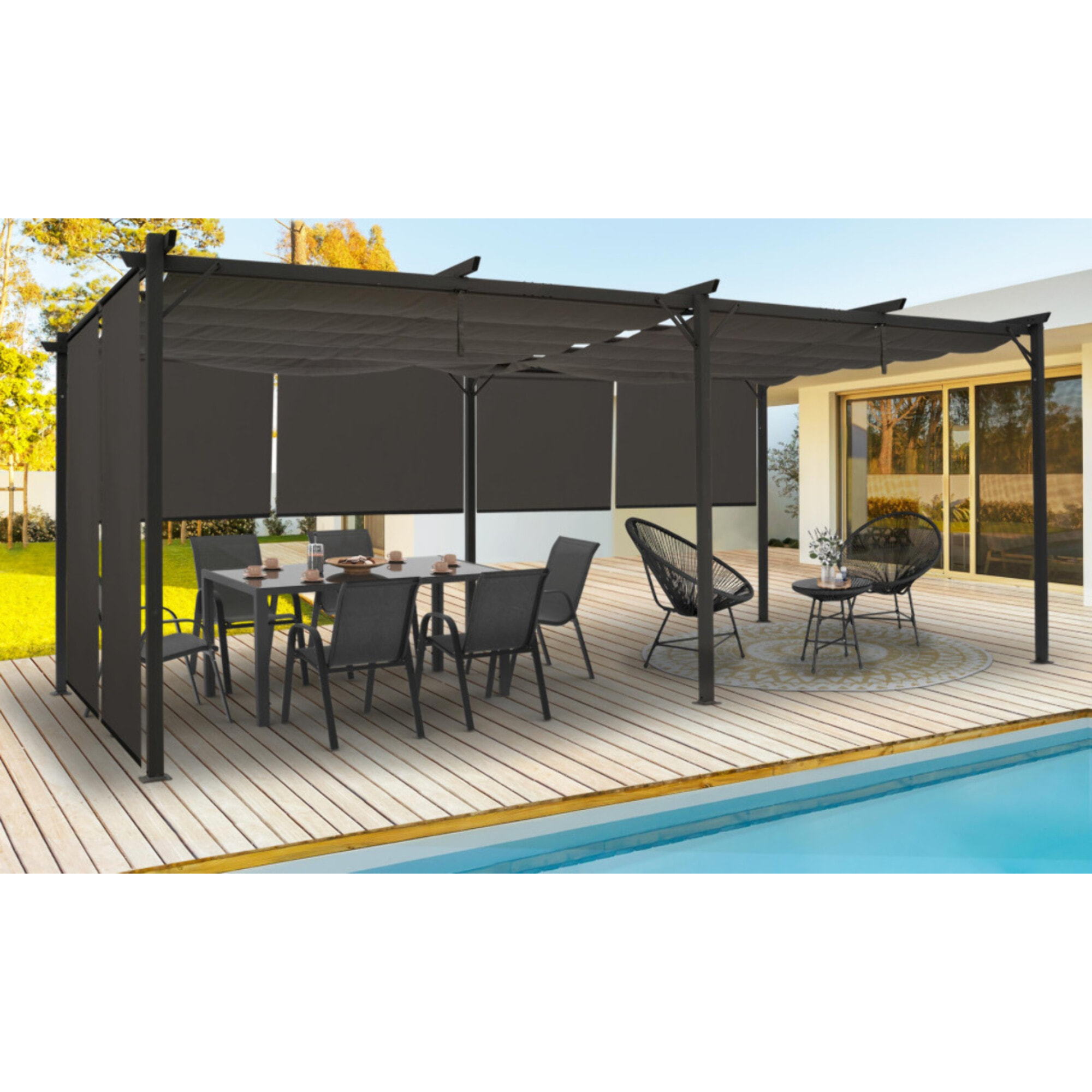 Pergola Marina 3x6m toit rétractable + 6 stores gris