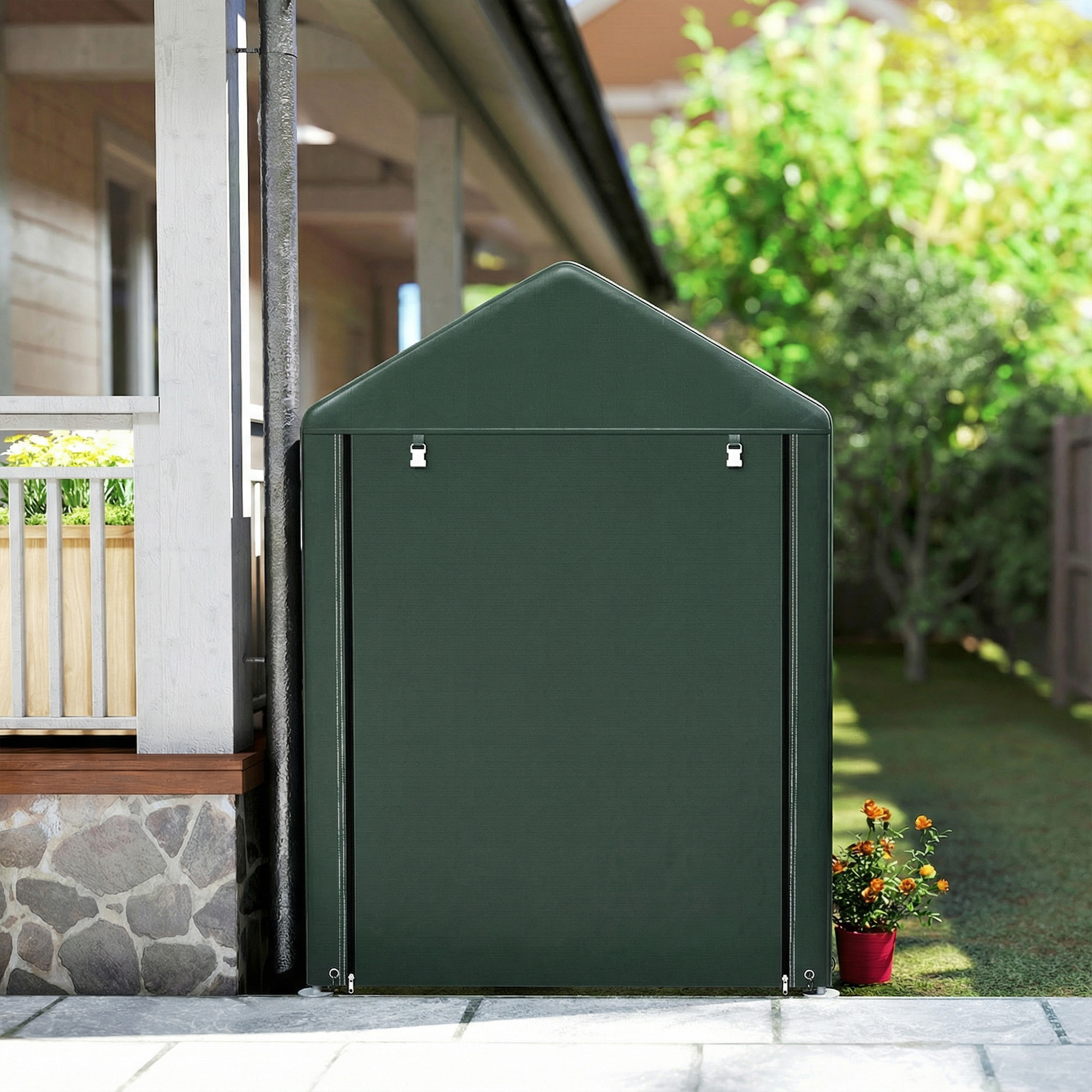 Carpa de Jardín Exterior para Herramientas Bicicletas 1,2x1,8x1,65 m, Cobertizo Exterior con 2 Habitaciones, Puerta Enrollable con Cremallera, Impermeable Anti-UV, Garaje Portátil, Verde