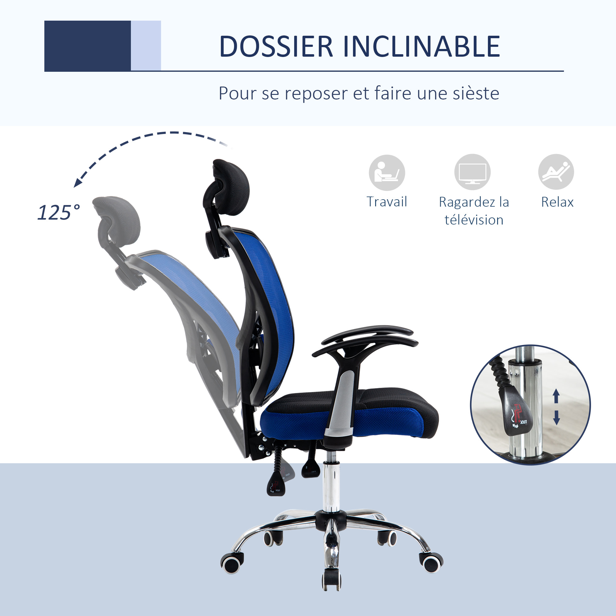 Vinsetto Chaise de bureau manager grand confort réglable dossier inclinable piètement chromé tissu maille polyester bleu noir