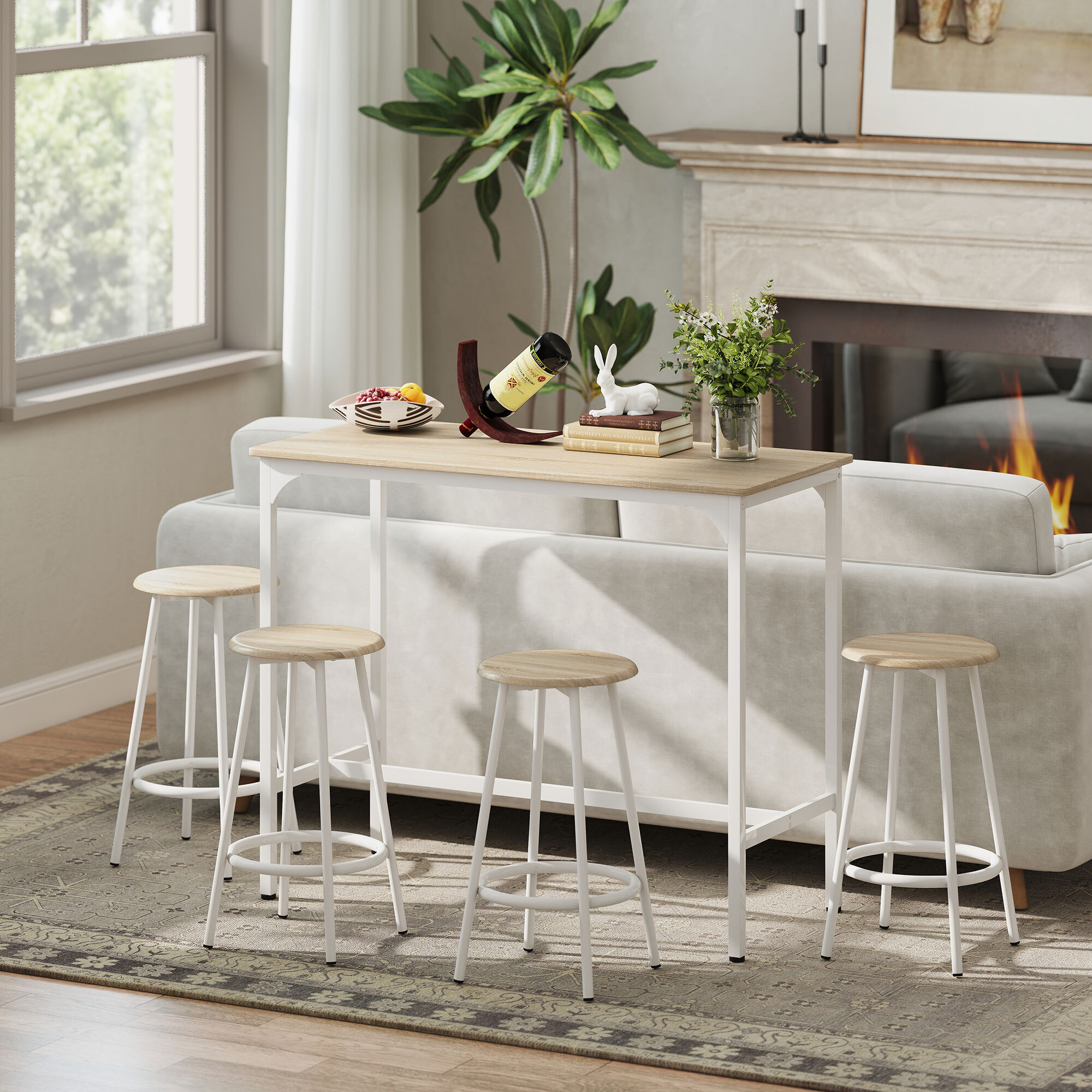 Conjunto Mesa Alta de Cocina con 4 Taburetes, Mesa de Bar Alta, Ahorro de Espacio, para Pisos Pequeños, Comedor, Balcón o Isla Cocina 110x50x89,5 cm, Natural y Blanco