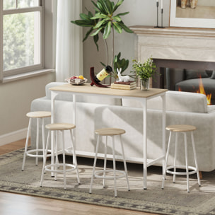 Conjunto Mesa Alta de Cocina con 4 Taburetes, Mesa de Bar Alta, Ahorro de Espacio, para Pisos Pequeños, Comedor, Balcón o Isla Cocina 110x50x89,5 cm, Natural y Blanco