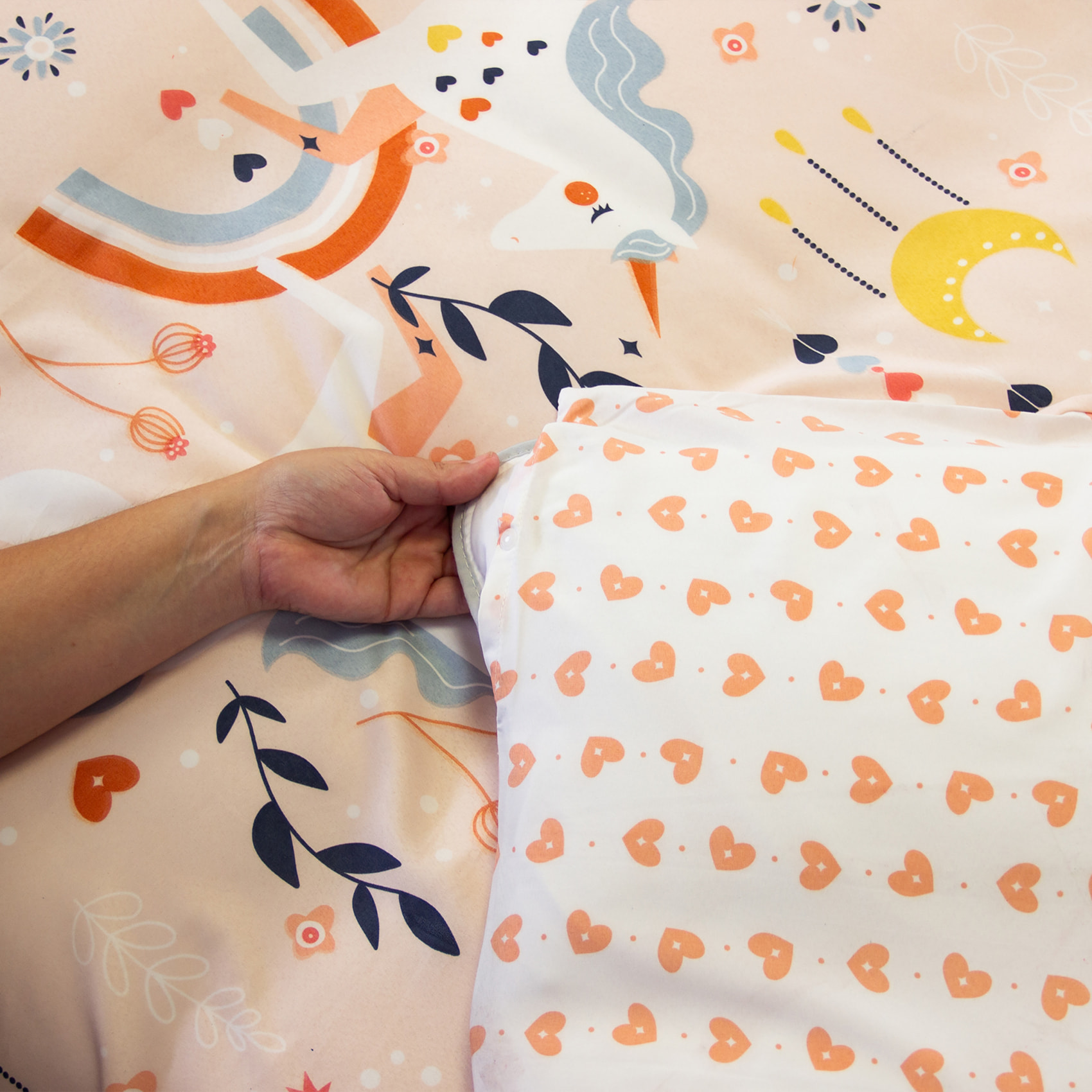 Parure de lit enfant licorne avec poche pour doudou - Rose