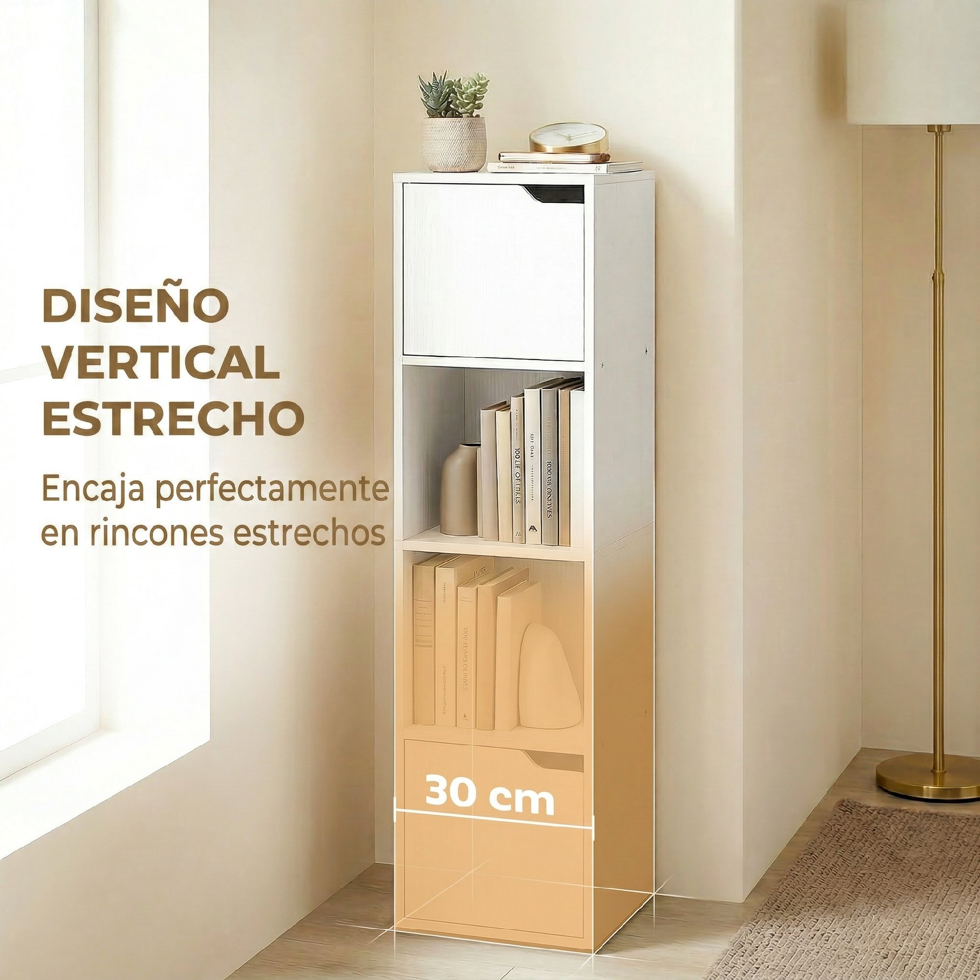 Estantería para Libros con 2 Puertas, Librería Estrecha de 4 Niveles con 2 Estantes Abiertos, Armario Alto para Salón, Estudio, Oficina, 30x29x119 cm, Blanco
