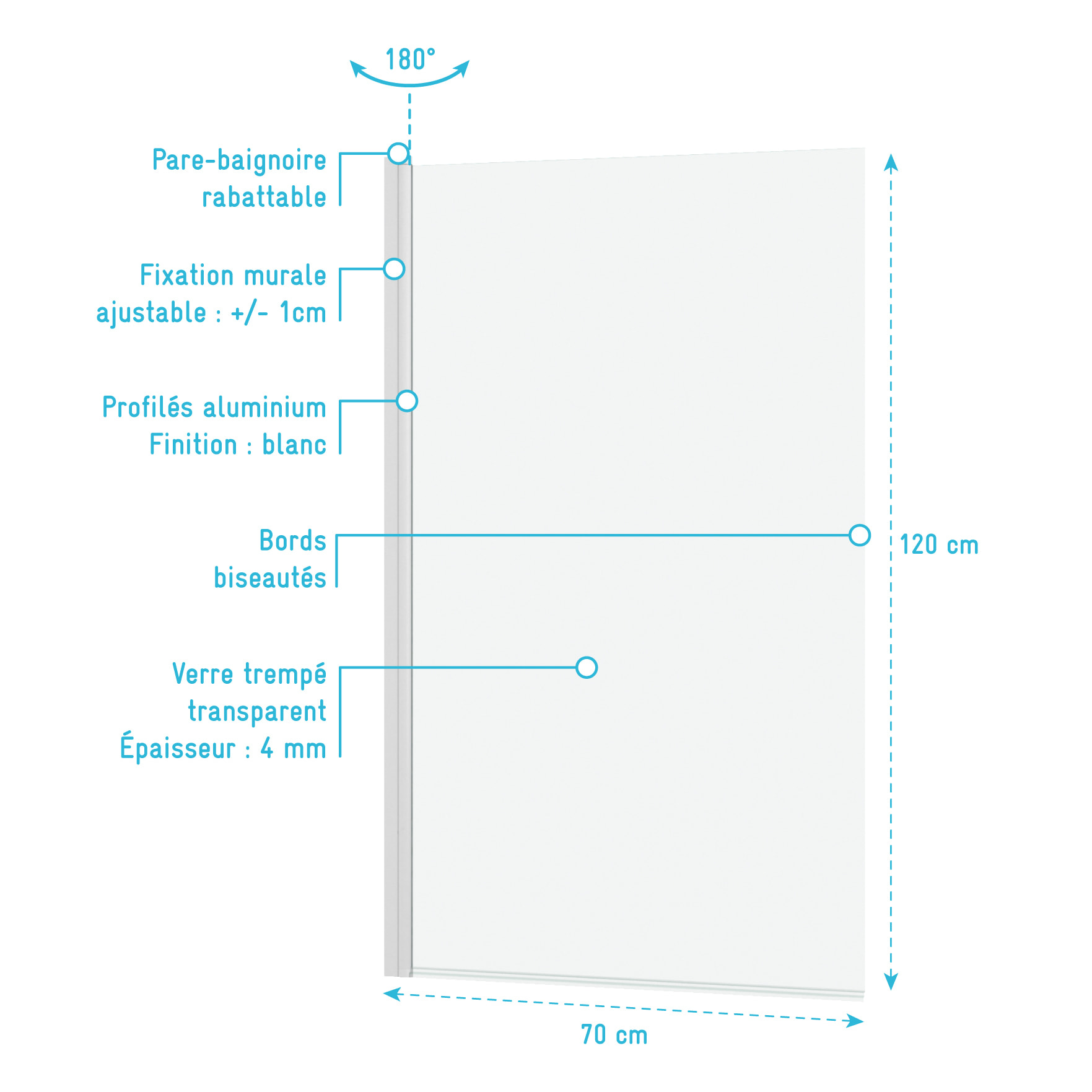 Pare baignoire Rabattable 70x120cm - Profilé Blanc Mat - Verre Trempé 4mm - ELEMENTARY