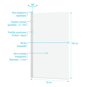 Pare baignoire Rabattable 70x120cm - Profilé Blanc Mat - Verre Trempé 4mm - ELEMENTARY