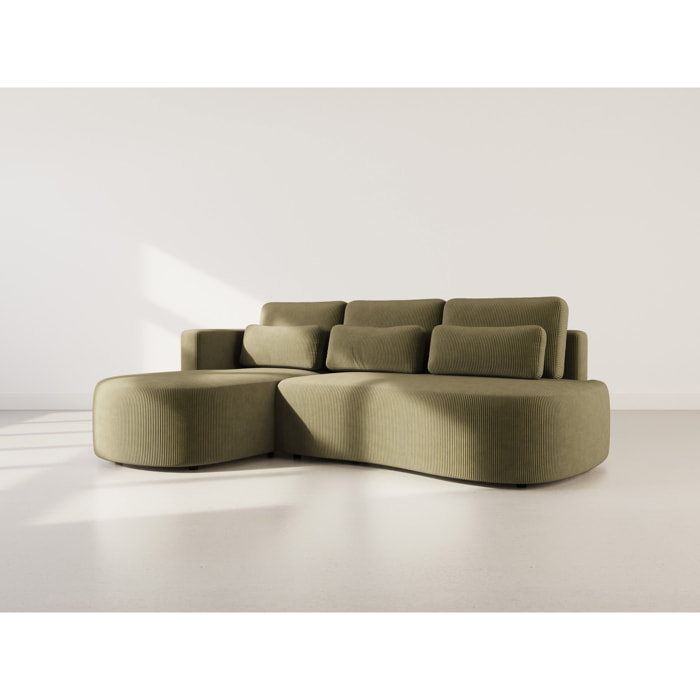 Mahina - canapé d'angle gauche 4 places convertible avec coffre en velours côtelé - Vert