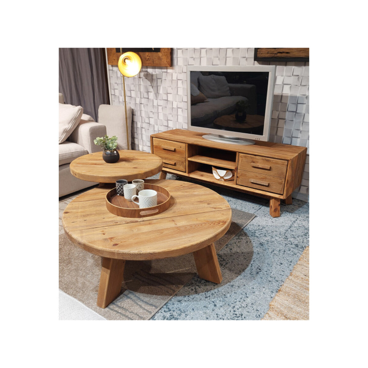 Meuble TV en pin recyclé 4 tiroirs & 2 niches - ORIGIN