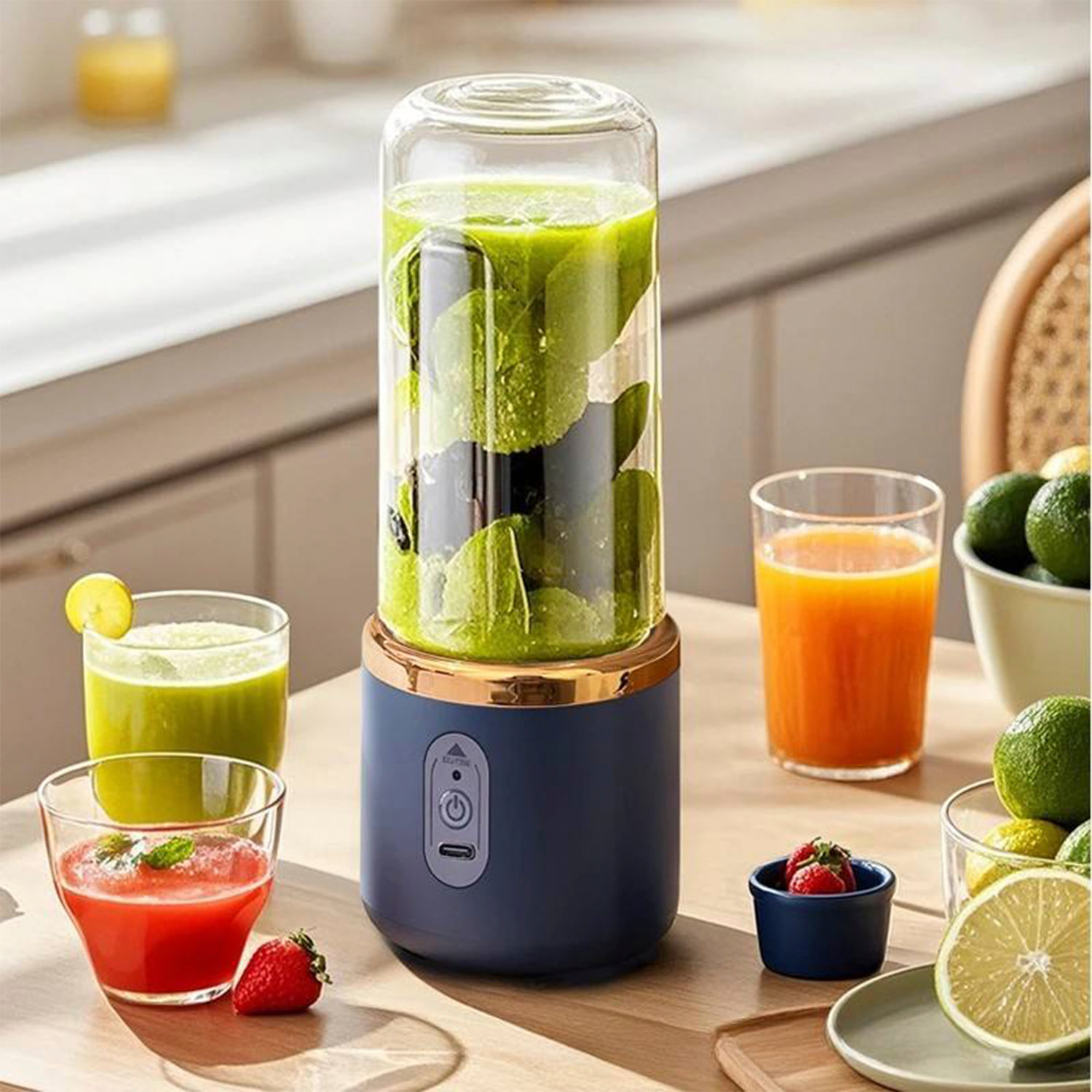 Frullatore elettrico doppio J001, portatile e ricaricabile, 400ml, 6 lame in acciaio, 21.000rpm e spegnimento automatico. Include 1 bicchiere frullatore aggiuntivo.