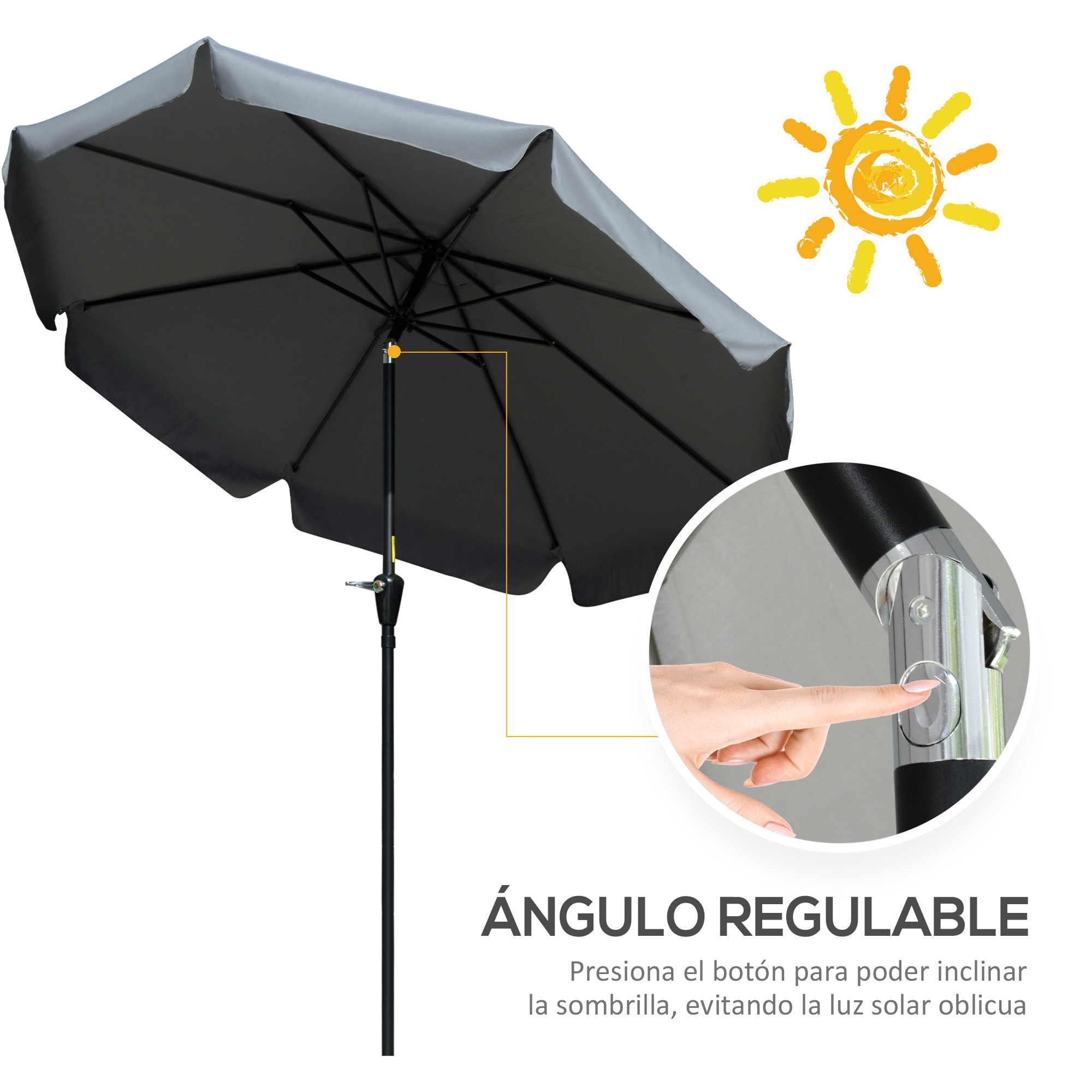 Sombrilla Terraza Exterior Ø266 cm Sombrilla de Jardín Inclinable con Protección UV50+ Poste de Aluminio y Manivela Parasol para Patio Terraza Gris Oscuro
