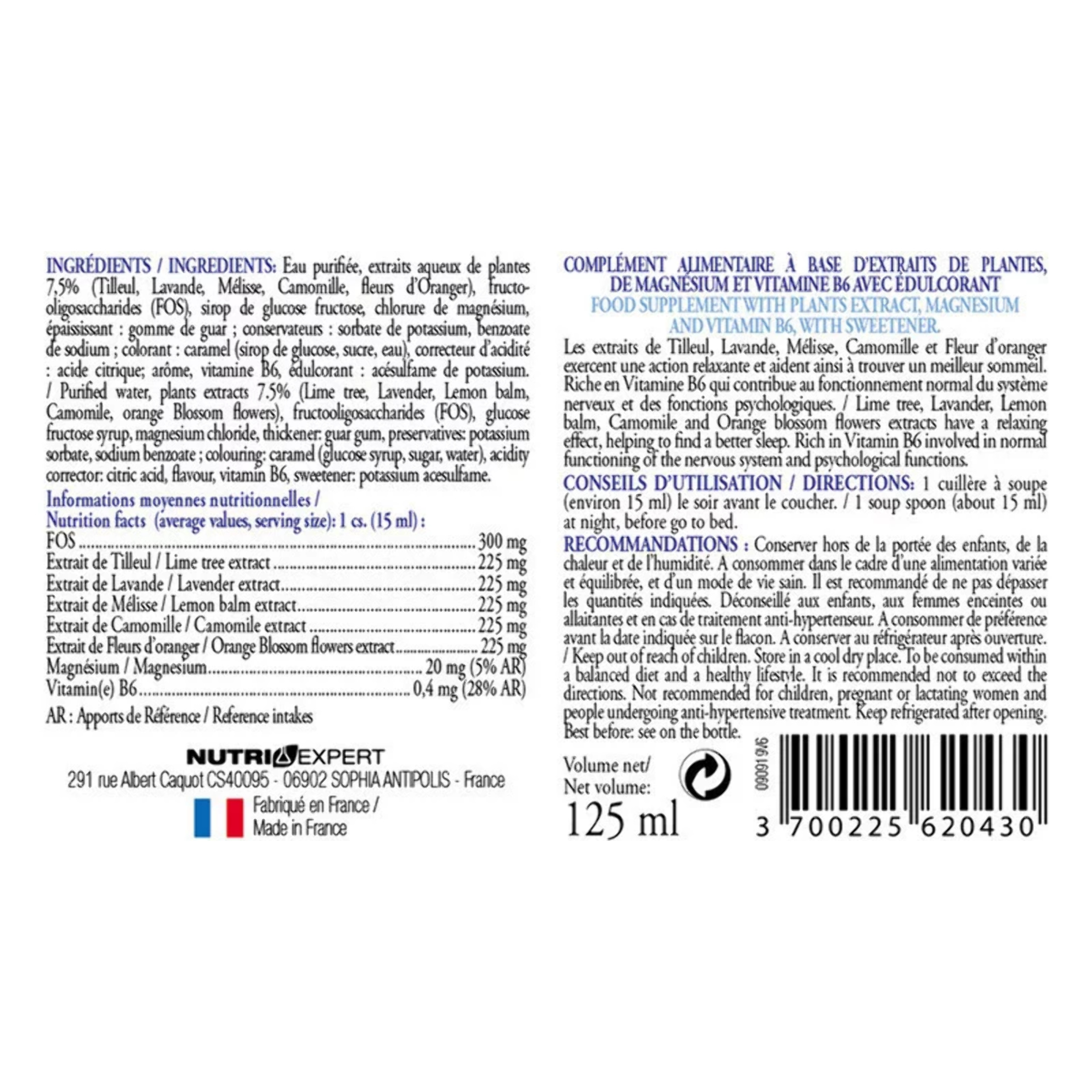 NUTRIEXPERT - Elixir Sommeil Naturel - Apaisant et relaxant - Contribue au bien-être physique et mental - Contribue à une meilleure qualité du sommeil - Flacon de 125 ml - Marque Française - Lot de 2