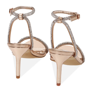 Sandalo donna rosa-oro in laminato con pietre, tacco 8,5 cm