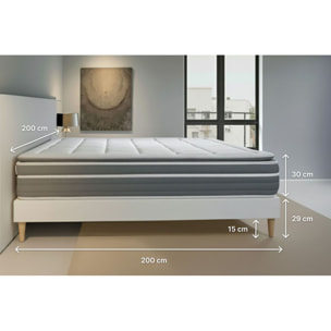 Ensemble Matelas Trente PLUS - 30cm - Hybride - Effet nuage avec surmatelas intégré - Sommier Tapissier Gris