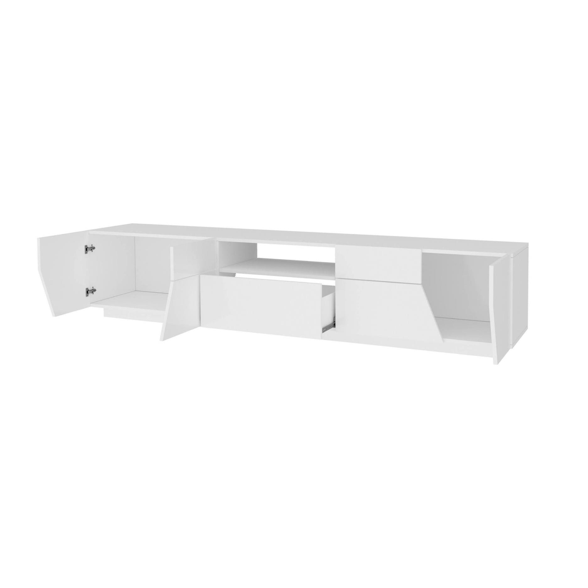 Mobile da soggiorno Porta TV, Made in Italy, Supporto per TV da salotto a 4 ante geometriche e 1 cassetto, Cm 220x43h46, Bianco lucido