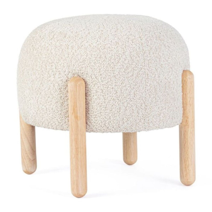 Pouf DAYLA in tessuto naturale effetto bouclé e gambe in legno rubber wood