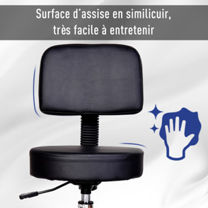 Tabouret massage à roulettes réglable en hauteur pivotant avec dossier ergonomique noir