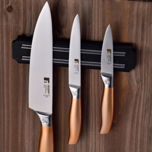 set de 3 cuchillos en acero inoxidable + soporte magnético de pared