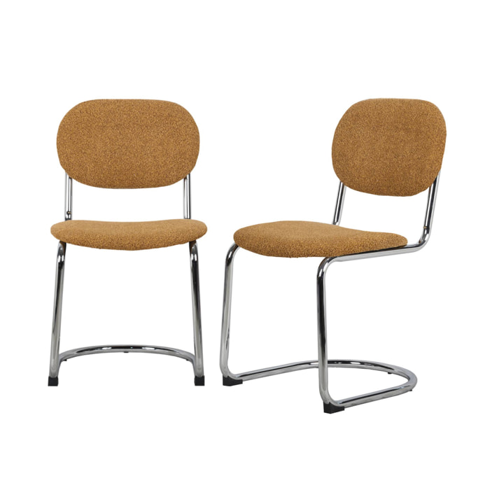 Lot de 2 chaises cantilever arrondie métal. bouclette texturée moutarde et pieds chromés - L 47 x P 54.5 x H 81cm - Maloa
