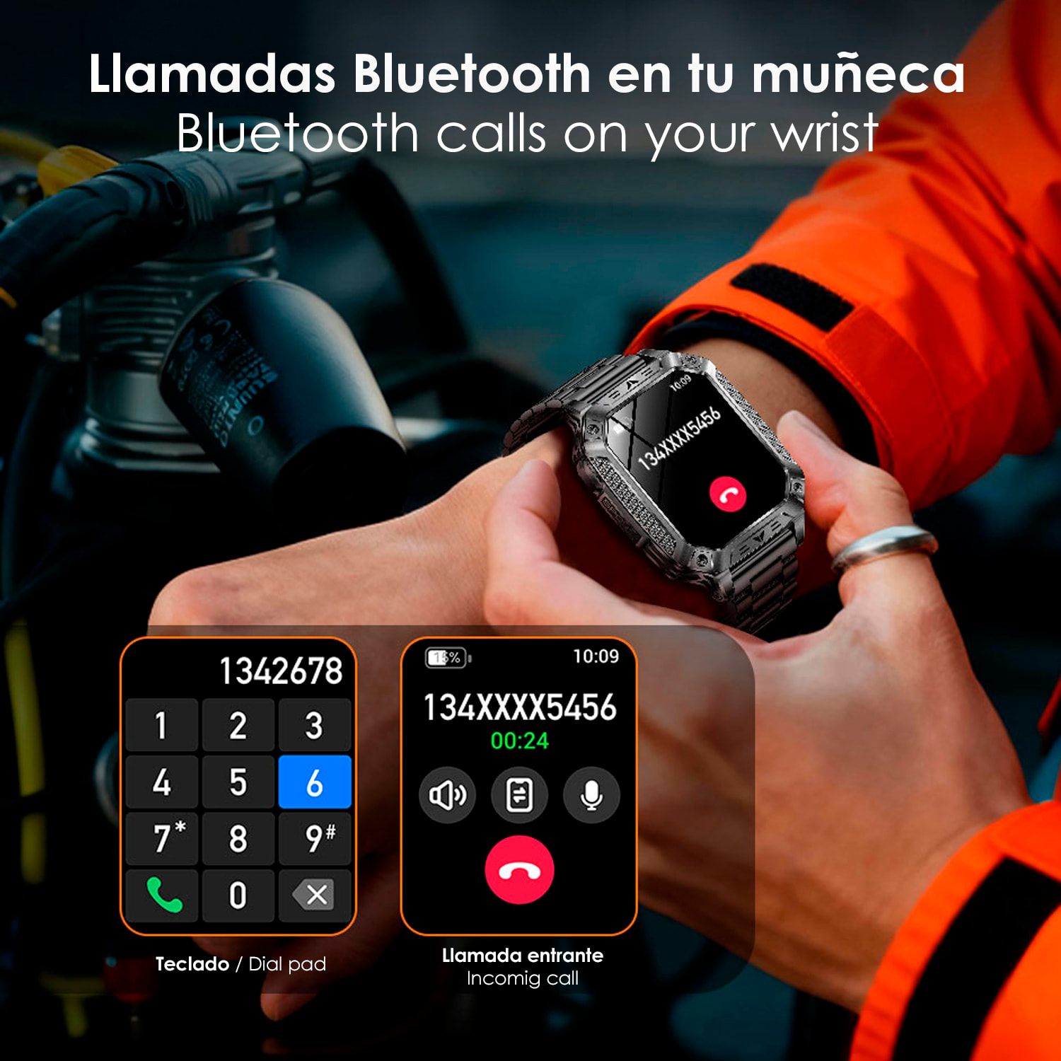 Smartwatch QS86. Con llamadas BT, batería de larga duración, modos de salud y deporte. Linterna y luz roja con aviso SOS sonoro.