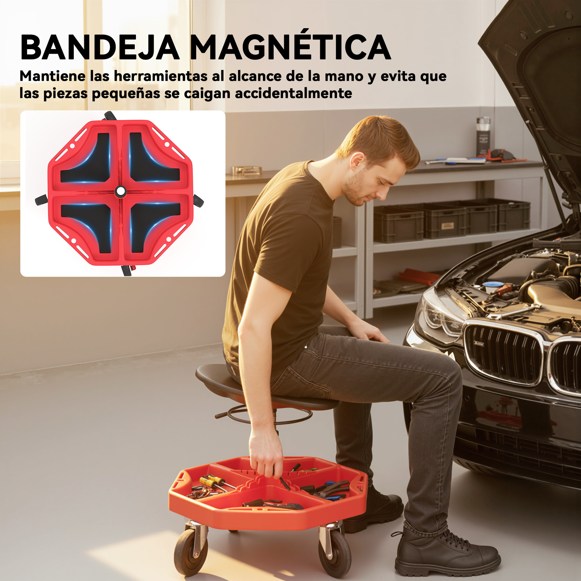 Taburete de Taller Móvil con Bandeja Magnética, Altura Ajustable de 52–59,5 cm, Carga 135 kg, Asiento Taburete para Mecánico con Ruedas, para Garaje, Reparación de Automóviles, Rojo