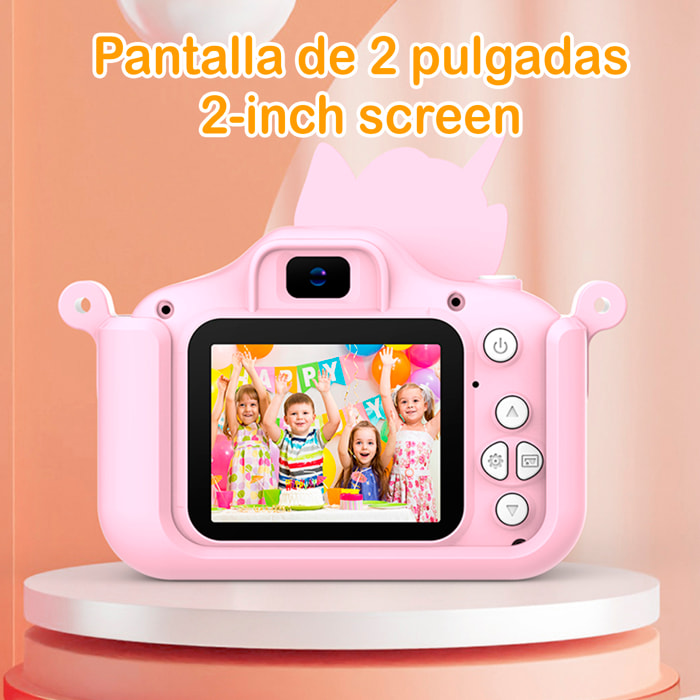 Cámara infantil de fotos y video. 44mpx y video FHD, zoom digital 8x. Cámara trasera para selfies, juegos incorporados. Funda de silicona diseño unicornio.