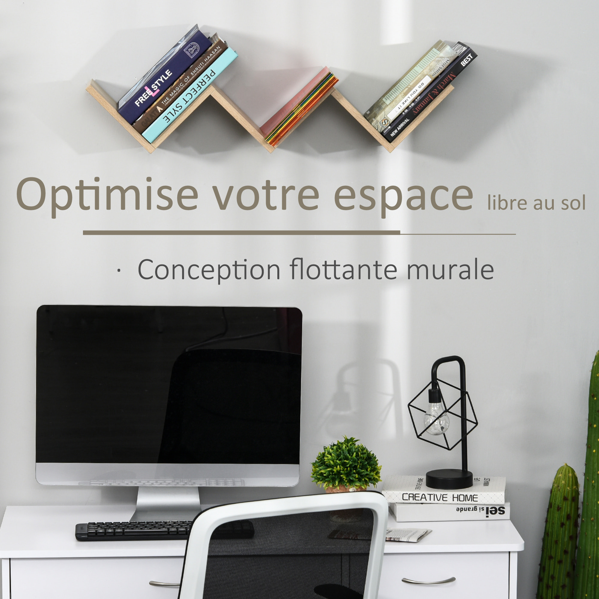 HOMCOM Etagères murale flottante - design contemporain en V - kit fixation inclus - panneaux particules chêne clair