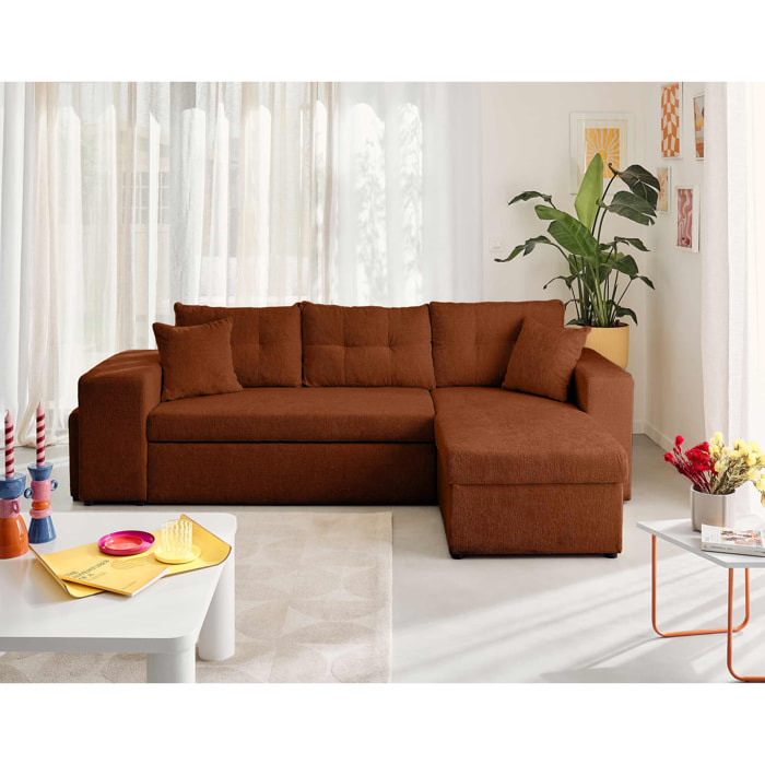 California - canapé d'angle réversible 4 places - convertible avec coffre, étagère et poufs - en velours texturé - Terracotta