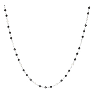 PERLAVIVA - Collana Rosario in Argento 925 placcato Oro Bianco 18Kt con Spinello Nero e Perle Bianche d'Acqua Dolce Ø 4 mm