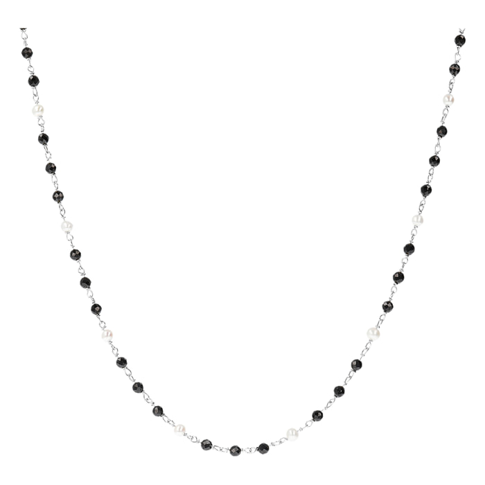 PERLAVIVA - Collana Rosario in Argento 925 placcato Oro Bianco 18Kt con Spinello Nero e Perle Bianche d'Acqua Dolce Ø 4 mm
