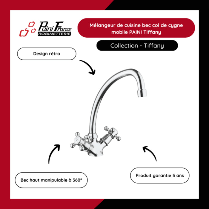 Mélangeur de cuisine bec col de cygne mobile PAINI Tiffany Terre de France