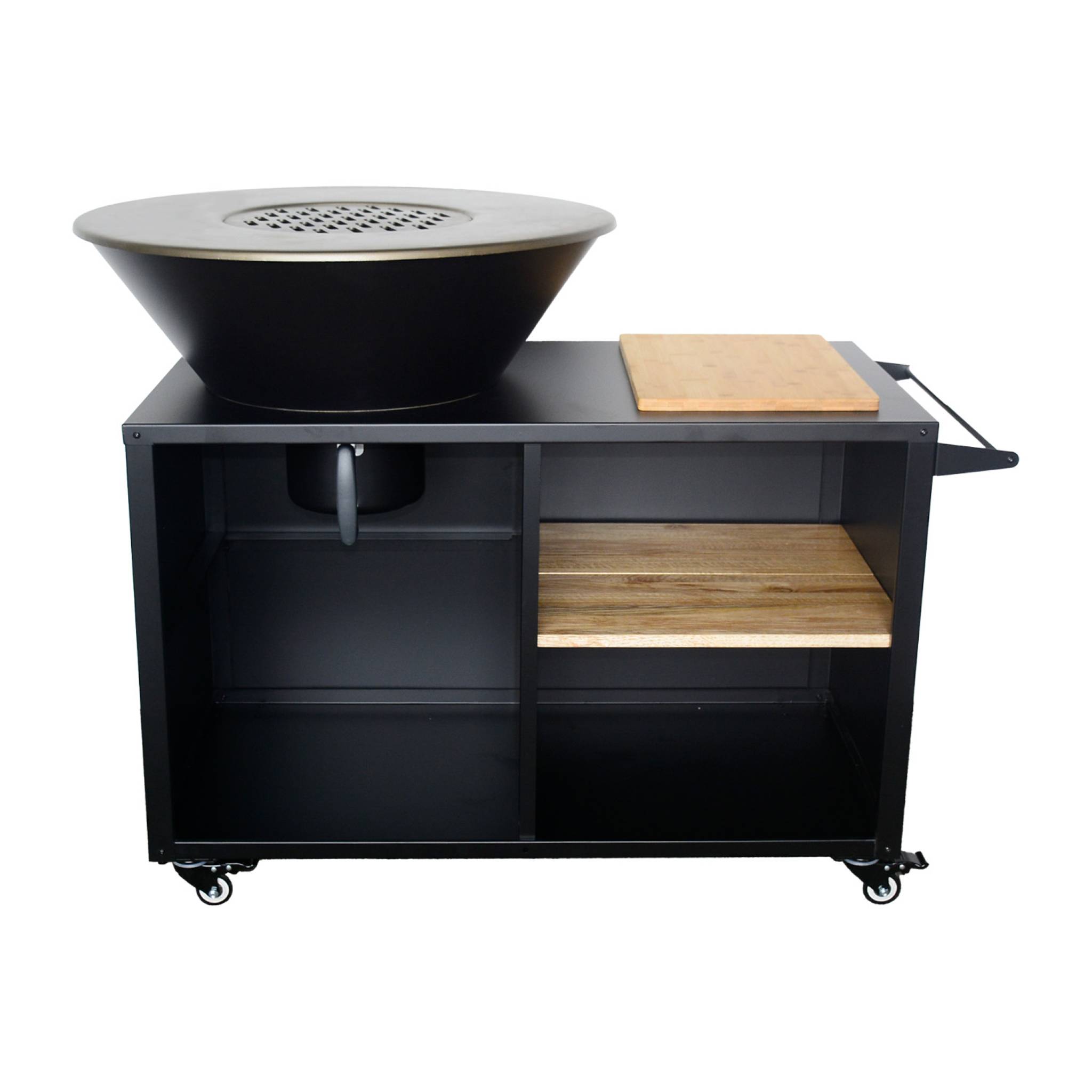 Brasero barbecue Ø80cm. grille de cuisson. stockage bois. coloris noir + housse de protection. L 138 x P 82 x H 114 cm