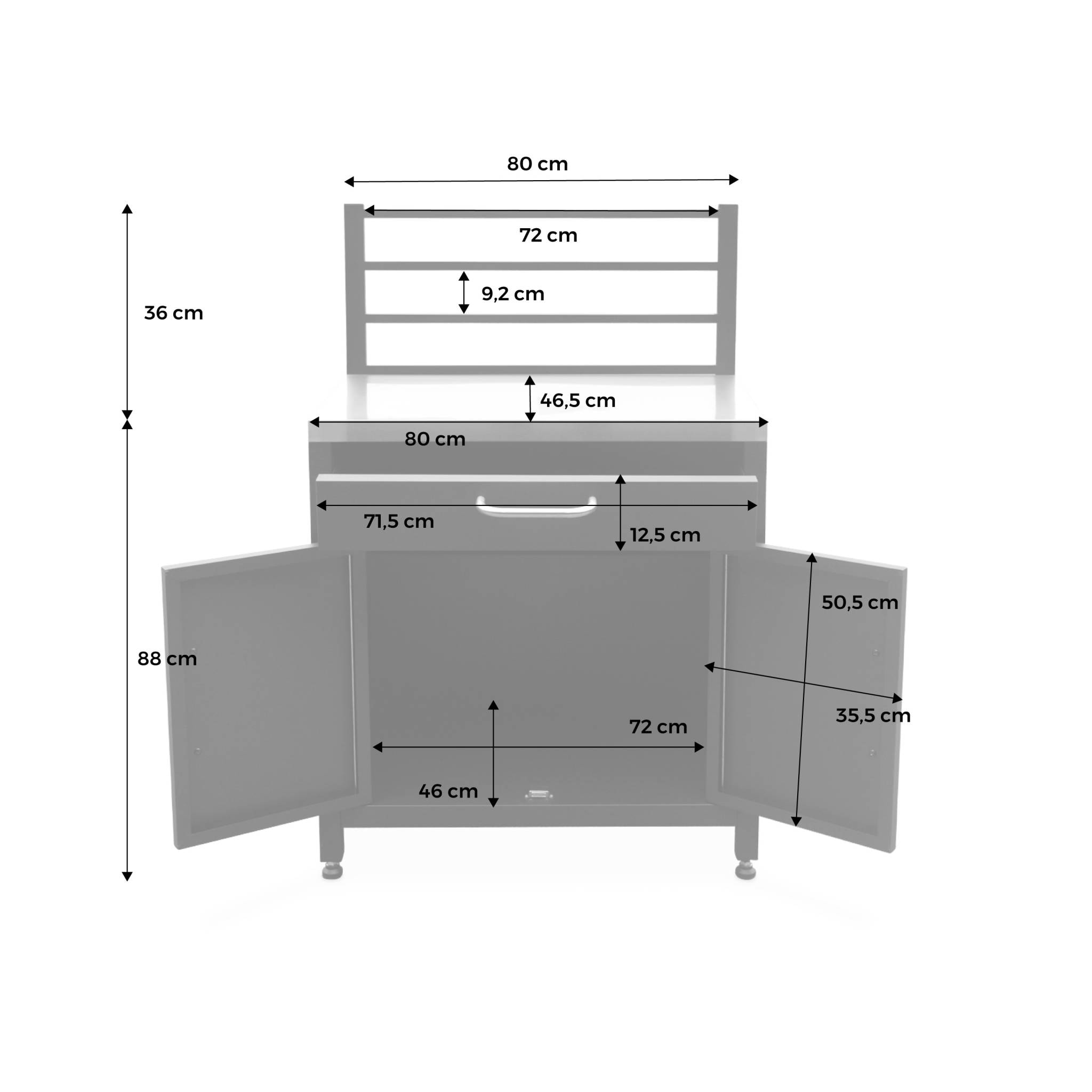 Meuble de cuisine extérieure en acier avec 1 tiroir et 1 porte et 1 grille de suspension L80