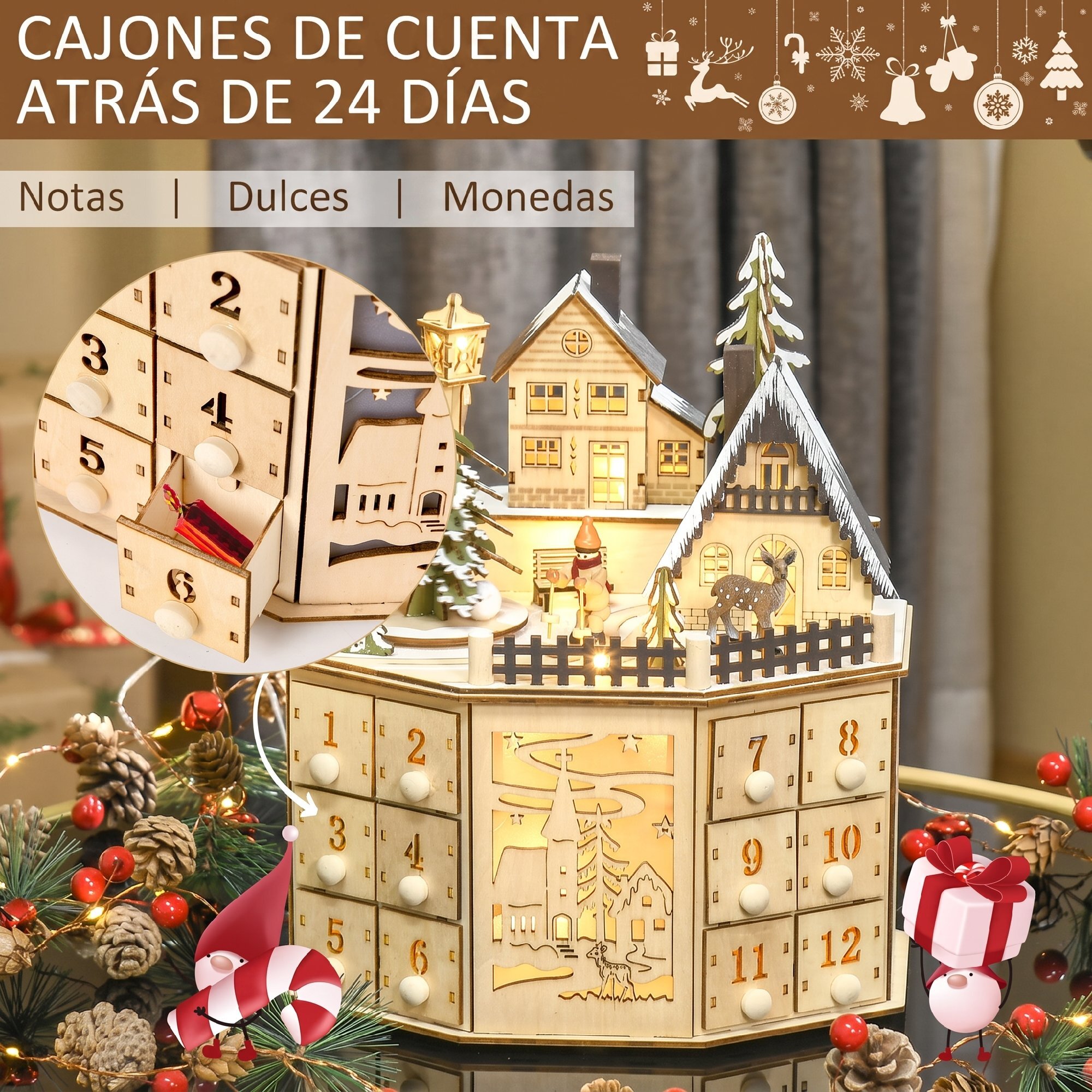 HOMCOM Calendario de Adviento para Rellenar de Madera, con Luces LED y 24 Cajones, Calendario de Adviento de Navidad Reutilizable con Escena de Pueblo, Decoración Navideña, 25x20x29 cm, Natural