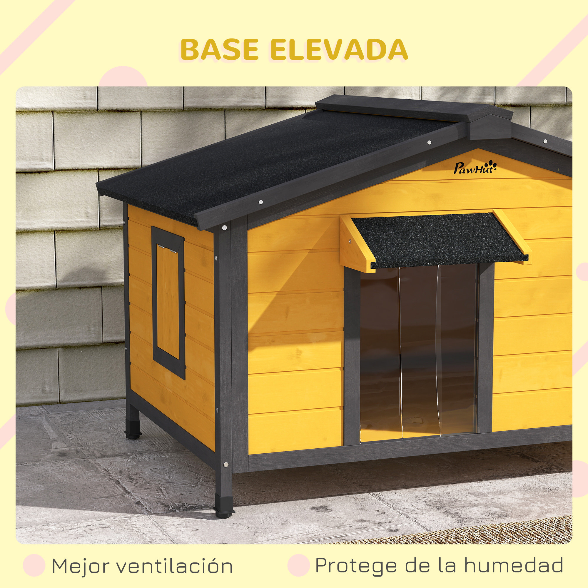 Caseta para Perros Exterior Casa para Perros Pequeños con Techo Asfáltico Abatible 2 Ventanas Puerta con Cortina y Base Extraíble 97x72x65 cm Madera Natural