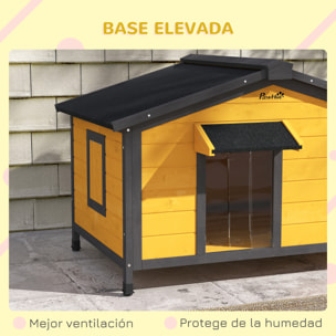 Caseta para Perros Exterior Casa para Perros Pequeños con Techo Asfáltico Abatible 2 Ventanas Puerta con Cortina y Base Extraíble 97x72x65 cm Madera Natural