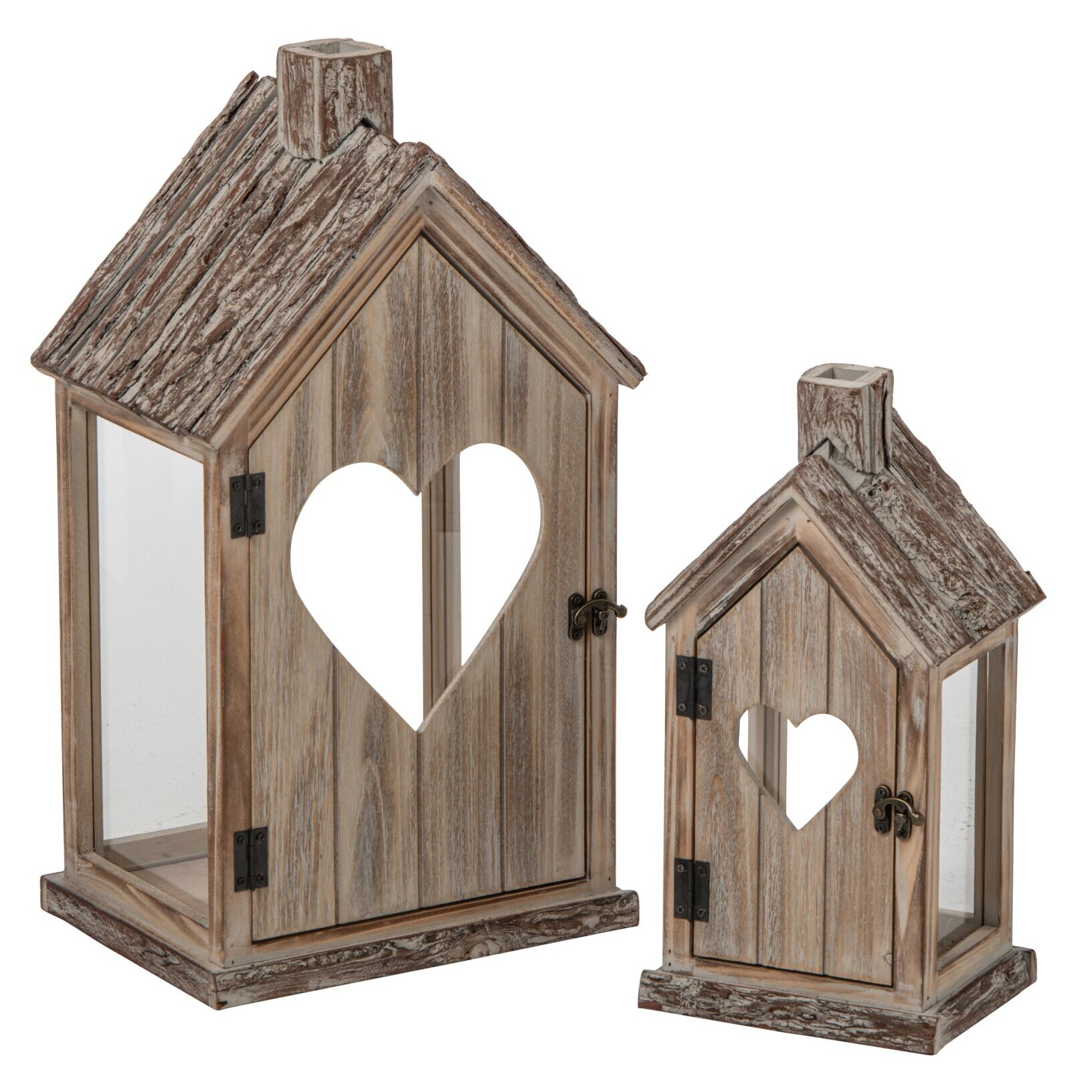 J-Line Set de 2 lanternes cœur - bois de sapin - beige