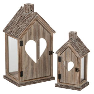 J-Line Set de 2 lanternes cœur - bois de sapin - beige