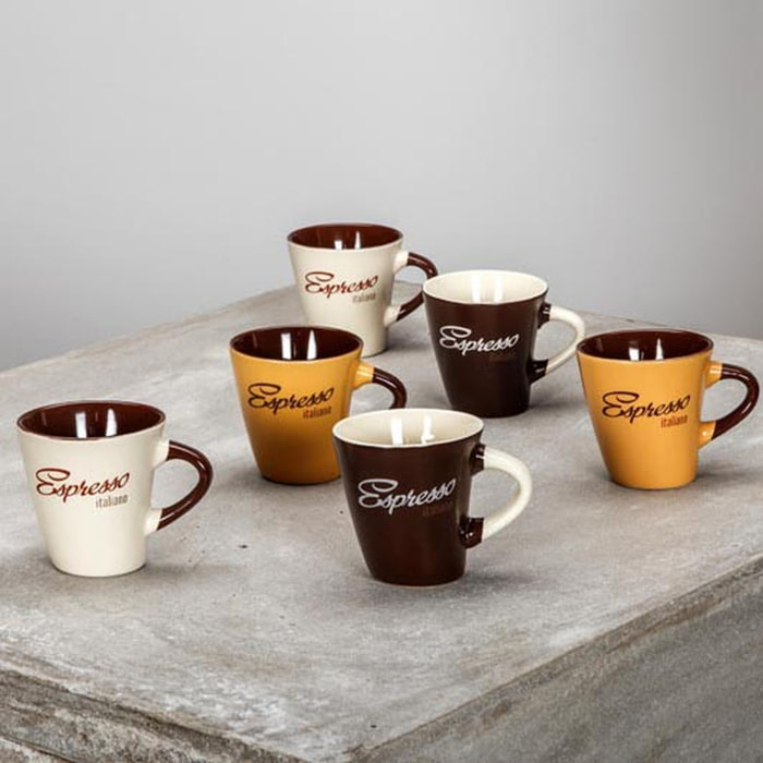 Lot de 6 tasses en grès 3 couleurs assorties 15cl EXPRESSO ITALIANO