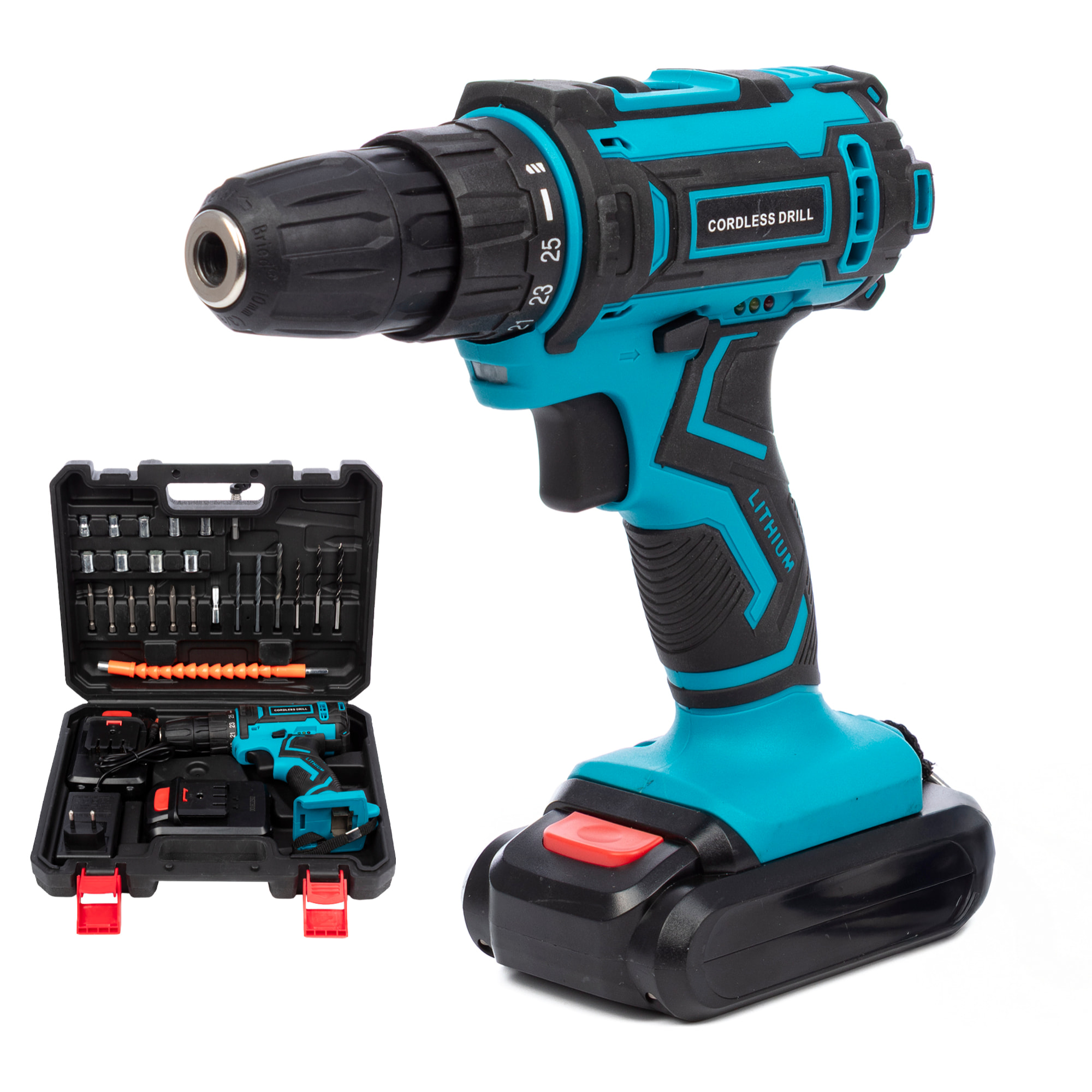 Trapano elettrico senza filo con doppia velocità, 45NM, valigetta di trasporto e 24 accessori. 2 batterie da 6500 mAh.