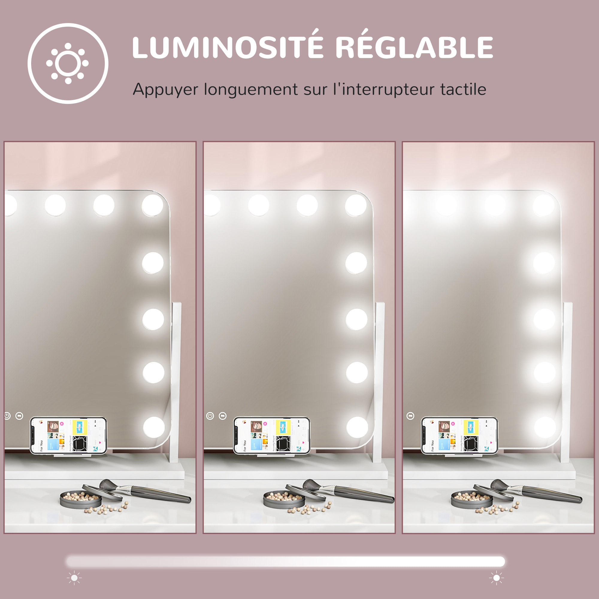 Miroir maquillage Hollywood lumineux LED intensité réglable grossissant rotatif charge USB support blanc