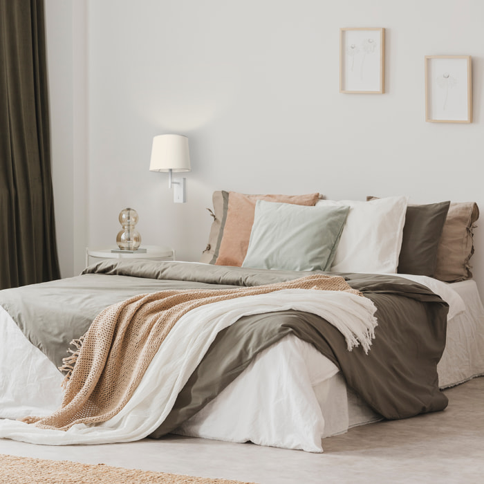 Forlight Aura - Aplique de Pared para Dormitorio E27 con Interruptor ON/OFF en la Base. Color Blanco con Pantalla de Textil