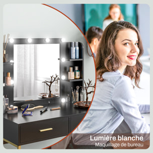 Ensemble coiffeuse miroir LED tabouret style art déco - 2 tiroirs, 4 étagères - acier doré bois noir