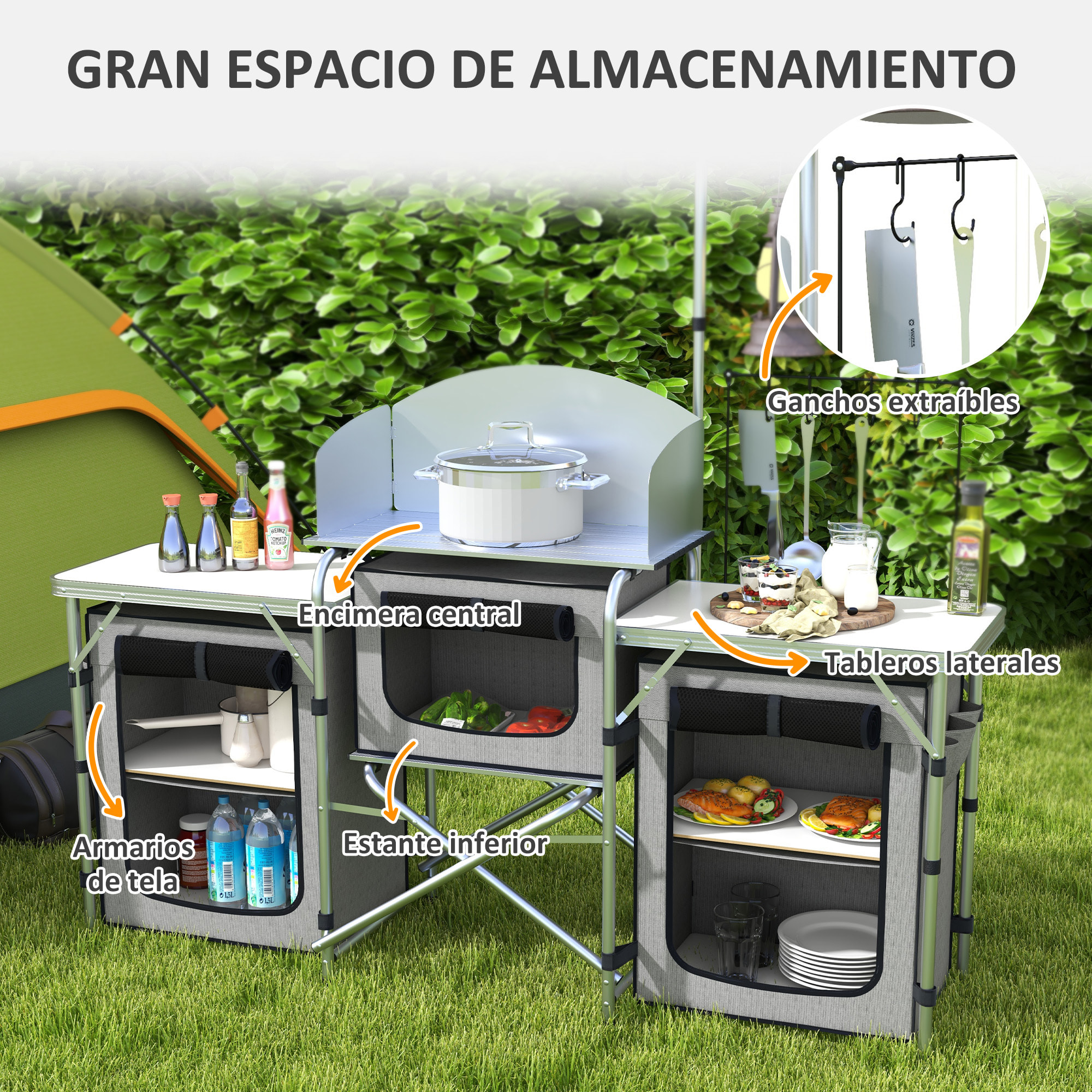 Mueble Cocina Camping Armario Camping Plegable con Mesas Armarios Ganchos Estructura de Aluminio Poste de Luz Ajustable Paravientos y Bolsa de Transporte para Acampada 172x48x130 cm Gris