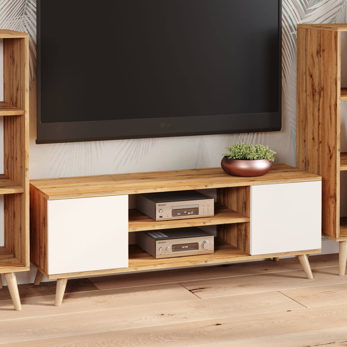 Mobile porta tv con 2 ante e 1 ripiano centrale, Credenza con piedini, Buffet da soggiorno in stile scandi, cm 155x40h50, colore Bianco e Acero