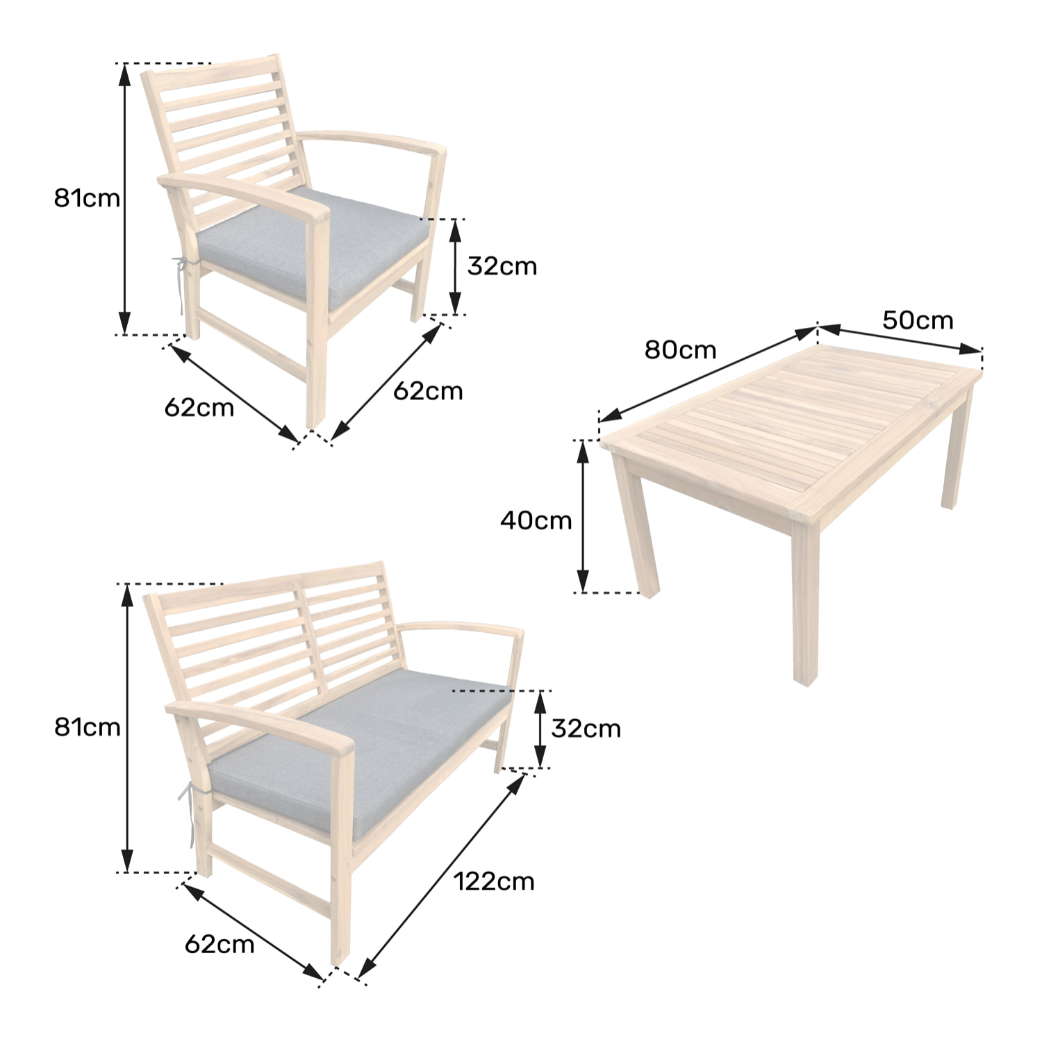 Salon de jardin en acacia 4 places GOA - coussins gris