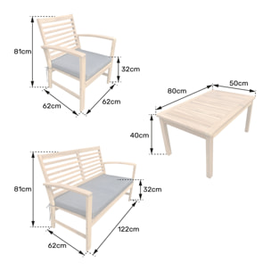 Salon de jardin en acacia 4 places GOA - coussins gris