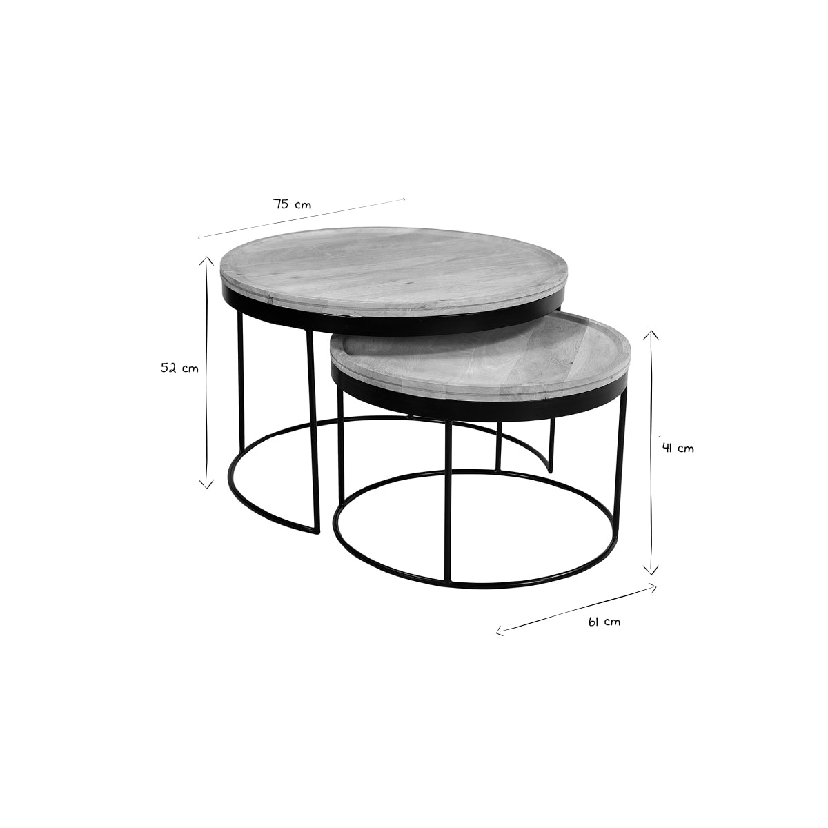 Tables basses gigognes rondes bois manguier massif et métal noir (lot de 2) LEDGE