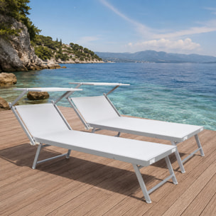 Coppia Di Lettini Prendisole Pieghevole Professionale in Alluminio e Tessuto Textilene Tettuccio Parasole Sdraio Mare Spiaggia 182x60x38 cm Bianco