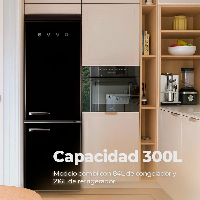 EVVO Frigorífico combi F55 Retro Negro, 216 L + 84 L, diseño vintage, Crisper Zone, Turbo Fan, silencioso