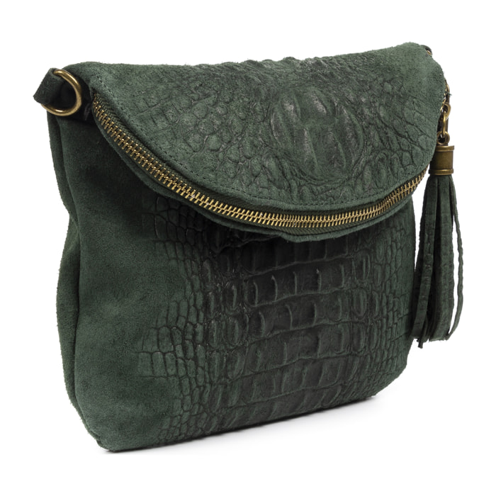 FIRENZE ARTEGIANI Capoliveri Borsa a Spalla da Donna. Vera Pelle Scamosciata Incisione Coccodrillo Made in Italy 23x3x19 Cm. Colore: verde scuro