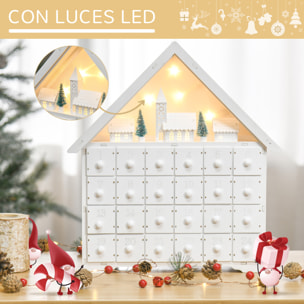 Calendario de Adviento de Navidad Madera con 24 Cajones y Luces LED Decoración Navideña Modelo Casita 39x9x42 cm Blanco